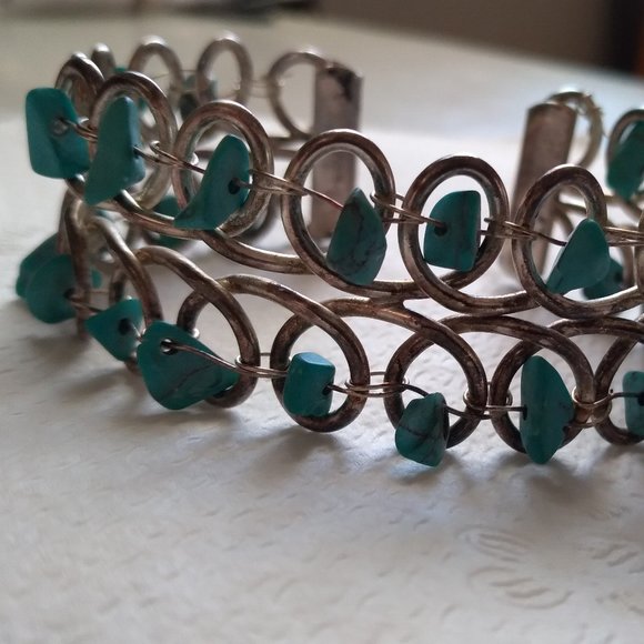 Vintage Silver wire looped turquoise sterling silver 925 bangle bracelet - Picture 8 of 8